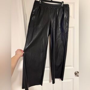 H&M Black Faux Leather Wide Leg Pants Stretch Waist Size Large